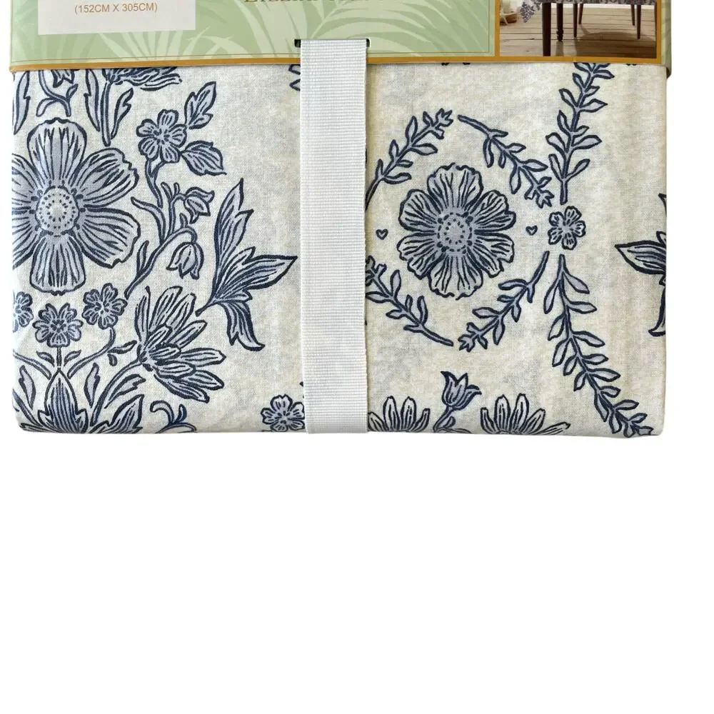 Lillian August Floral Easy Care Indoor Outdoor Tablecloth 60x120 Blue White NEW
